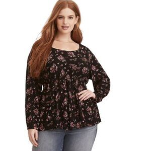 Torrid Textured Woven Tie Waist Blouse Womens SZ 4 (26) Plus Size Floral Long Sl